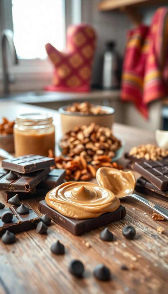 A visually appealing arrangement of chocolate and peanut butter on a rustic wooden table, showcasing a delicious spread of creamy peanut butter smeared on artisanal dark chocolate squares. In the foreground, add a jar of glossy, rich peanut butter with a spoon resting beside it, and a few scattered chocolate chips. The middle ground features a selection of snackable pantry add-ons such as crunchy granola, roasted nuts, and dried fruit, elegantly positioned around the peanut butter and chocolate. In the background, gently blurred kitchen elements like a warm, inviting oven mitt and a colorful dish towel enhance the cozy atmosphere. Soft, natural lighting streams in from a nearby window, casting a warm glow that accentuates the textures and richness of the ingredients. The scene conveys a sense of comfort and indulgence, perfect for a lifestyle article by GoodHomeFinds.