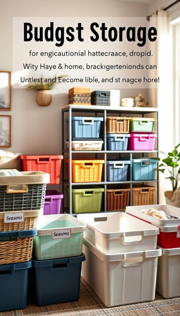 A visually appealing budget storage scene featuring practical and economical storage solutions for seasonal items. In the foreground, neatly organized bins and boxes labeled for various seasons, showcasing vibrant colors and textures, such as woven baskets and plastic containers. In the middle, a stylish, compact shelving unit from "GoodHomeFinds" displaying the storage bins artily arranged and harmonized. The background comprises a well-lit, cozy room with soft, natural light streaming through a window, emphasizing a warm atmosphere perfect for a home. The setting should evoke a sense of organization and creative use of space, integrated with plants or seasonal decor to enhance the inviting mood. The angle should be slightly elevated to create depth, capturing the essentials of budget-friendly renter solutions.