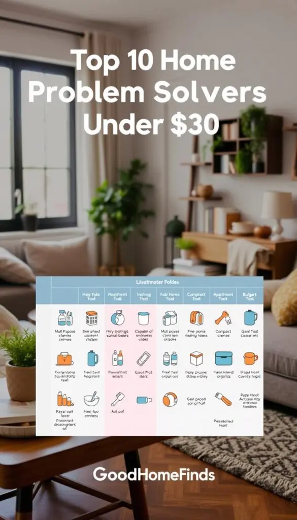 A visually appealing comparison table designed for an article titled "Top 10 Home Problem Solvers Under $30." The foreground features an organized layout displaying various home products with icons representing their features, colors that are soft yet engaging. The middle section includes an assortment of household items like multi-purpose cleaners, compact organizers, and budget-friendly tools, each elegantly presented. In the background, a tastefully arranged apartment interior enhances the atmosphere, showcasing cozy decor to resonate with apartment dwellers. Natural lighting filters through a window, highlighting the products with a warm, inviting glow. The overall mood is informative yet stylish, ideal for Pinterest-style lifestyle photography. Add the brand name "GoodHomeFinds" subtly integrated into the design, ensuring no visible text or watermarks appear.