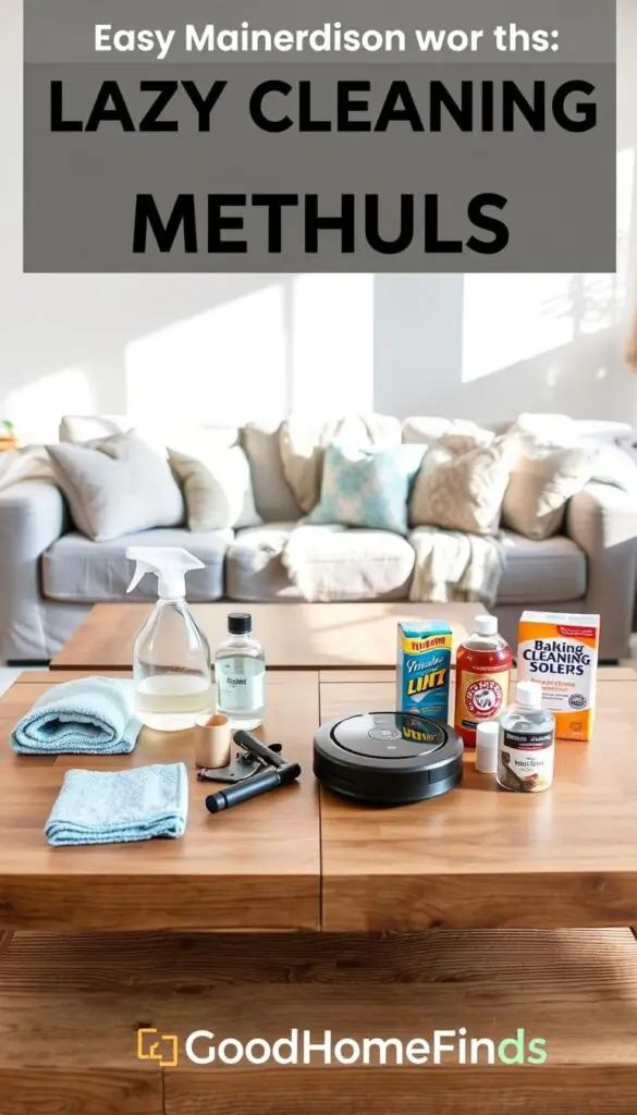 A visually appealing comparison table for lazy cleaning methods, styled in a cozy living room setting. In the foreground, a wooden table displays two neatly organized sections: one with cleaning supplies like a microfiber cloth, a spray bottle, and a robotic vacuum; the other with casual cleaning hacks like a lint roller and baking soda. The middle ground features a comfortable sofa adorned with soft cushions and a throw blanket, enhancing the relaxed atmosphere. The background includes a sunlit window with light streaming in, casting soft shadows and adding warmth. Use natural light to create a bright, inviting mood, capturing a Pinterest-worthy lifestyle photo that embodies practical yet stylish home maintenance solutions. The brand name "GoodHomeFinds" should be subtly reflected in the scene through decor or labels.