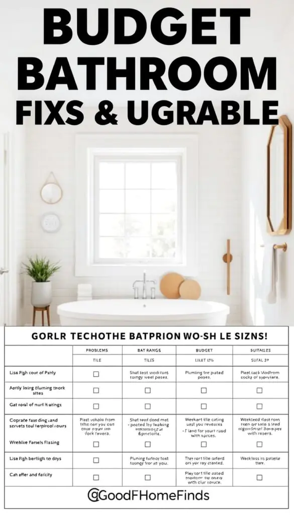 A visually appealing comparison table showcasing budget bathroom fixes and upgrades, designed with a sleek and modern aesthetic. In the foreground, a well-organized table includes distinct sections highlighting various bathroom problems, solutions, budget ranges, and suitable sizes, illustrated with clear icons and symbols. The middle ground features neatly arranged tiles, paint swatches, and plumbing tools that suggest DIY aspects, all subtly branded with "GoodHomeFinds." The background is a bright, airy bathroom scene with soft natural light streaming through a window, creating an inviting atmosphere. The overall mood is practical yet stylish, reflecting a sense of organization and inspiration, perfect for a lifestyle article. Capture this image from a slightly elevated angle for clarity and depth.