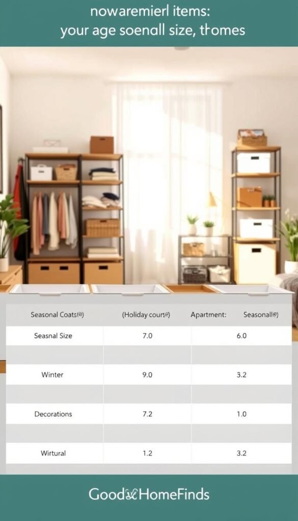 A visually appealing comparison table showcasing various seasonal item storage options for different apartment sizes, displayed in a bright, organized interior setting. In the foreground, neatly arranged storage bins and boxes labeled for seasonal use, such as winter coats and holiday decorations. The middle ground features a stylish shelving unit displaying compact storage solutions, while in the background, a cozy living room with soft lighting and minimalist decor enhances the atmosphere. Use a warm color palette to evoke a welcoming feel, with natural light from a window casting gentle shadows. The scene captures the essence of smart organization, making it inviting for readers. The image should reflect a polished, Pinterest-style aesthetic with the brand name "GoodHomeFinds" subtly implied through the design elements.