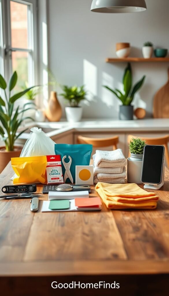A visually appealing flat lay arrangement showcasing a variety of useful, affordable alternatives under $25. In the foreground, a wooden table displays neatly organized items such as reusable silicone bags, a compact multi-tool, eco-friendly dishcloths, and a chic phone stand. The middle layer features cheerful, bright colors to enhance a sense of value and practicality, with natural light filtering through a nearby window casting soft shadows. In the background, a cozy, modern kitchen setting adds context, with plants and minimalistic decor. The overall atmosphere should feel warm and inviting, making the viewer consider these budget-friendly options as essential finds. Incorporate the brand name "GoodHomeFinds" subtly in the image, ensuring it harmonizes with the aesthetic without being intrusive.