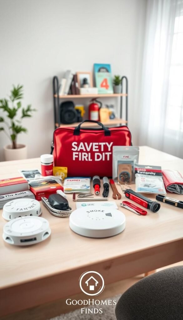 A visually appealing home safety kit laid out on a light-colored, wooden table. In the foreground, include essential items such as a smoke detector, first aid supplies, an emergency flashlight, and a multi-tool, all neatly arranged. In the middle background, incorporate a shelf with additional safety items like a fire extinguisher and a safety manual. The background should be softly lit with natural light filtering through a window, creating a calm and inviting atmosphere. Capture the scene from a slightly elevated angle to showcase the entire kit in a lifestyle setting. The overall mood should be one of preparedness and tranquility, reflecting the importance of safety in everyday life. Include subtle branding for "GoodHomeFinds" in the composition without any text overlays or distractions.