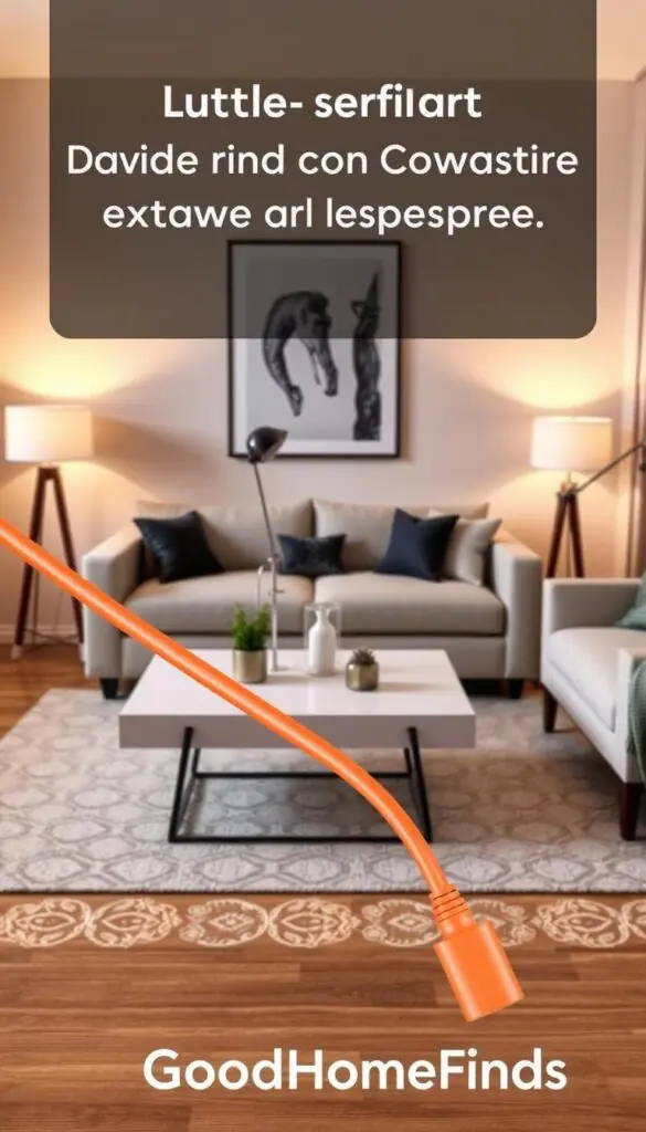 A visually appealing image of a double-ended extension cord power, designed for awkward layouts in home settings. The foreground features a sleek, orange extension cord stretching across a stylishly arranged living room, with a modern coffee table and decorative plants. In the middle, a cozy setup of a couch and lamps provide a warm, inviting atmosphere, showcasing the practicality of the extension cord. In the background, a stylish wall with artwork complements the scene. The lighting is soft and warm, highlighting the cord's flexibility and design. The photo should evoke a sense of organization and efficiency, suitable for home improvement enthusiasts. Include the brand name "GoodHomeFinds" subtly integrated into the scene.