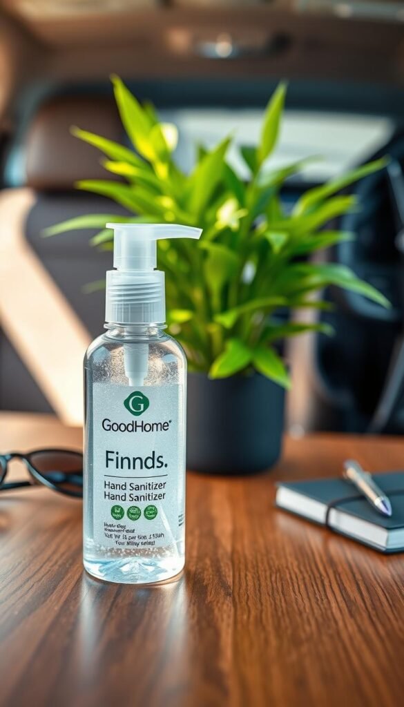 A visually appealing image of a small, sleek bottle of GoodHomeFinds hand sanitizer, ideally designed for portability. The bottle is made of clear plastic, showcasing the gel inside with a subtle shimmer under natural lighting. In the foreground, the sanitizer bottle is placed on a stylish wooden table, surrounded by a few personal items like sunglasses, a small notebook, and a stylish backpack, suggesting its convenient use on-the-go. The middle ground features a vibrant green potted plant, adding a fresh and clean atmosphere. The background is softly blurred, hinting at a cozy car interior, enhancing the mood of practicality and accessibility. The overall vibe is warm and inviting, perfect for promoting personal care essentials in any lifestyle setting.