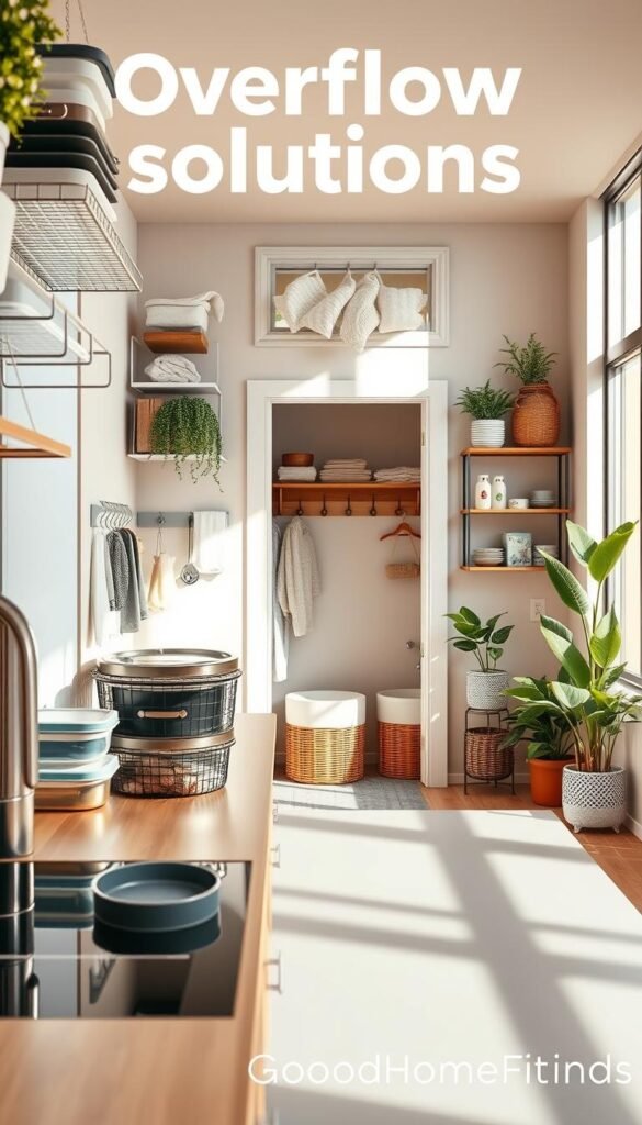 A visually appealing kitchen setup showcasing "overflow solutions" in a modern apartment. Foreground features a stylish, well-organized kitchen counter with multifunctional storage solutions, such as stackable containers and hanging racks. The middle ground includes a compact entryway area with neatly arranged baskets and hooks for easy access storage, alongside a cozy bathroom nook with smart shelving that maximizes space. The background presents a bright, airy kitchen filled with natural light streaming through large windows, accented by indoor plants for a fresh vibe. Use soft, warm lighting to create an inviting atmosphere. The image should evoke a sense of practicality and aesthetics, reminiscent of Pinterest lifestyle photos, with no visible text. GoodHomeFinds branding subtly integrated into the kitchen design elements.
