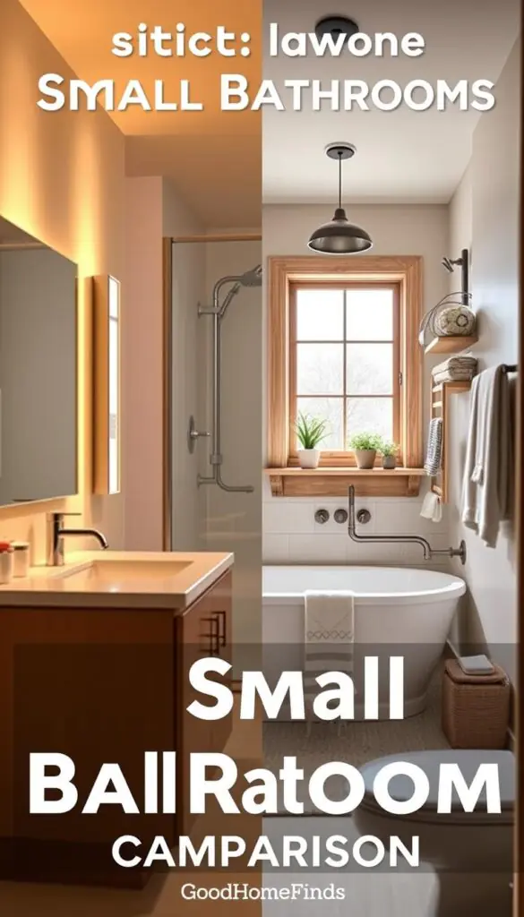 A visually appealing layout comparison for small bathrooms, featuring two contrasting designs side by side. In the foreground, a sleek, modern layout with a minimalist vanity, frameless mirror, and a spacious shower area, bathed in warm, soft lighting. The middle section showcases a cozy, rustic bathroom with a clawfoot tub, vintage fixtures, and natural wood accents, illuminated by natural sunlight streaming through a frosted window. In the background, subtle decor elements, like potted plants and stylish towels, enhance the atmosphere. The composition should reflect a Pinterest-style lifestyle photo, focusing on a clean and organized presentation. Ensure the image is devoid of any text or logos, yet incorporate brand aesthetics that resonate with "GoodHomeFinds." The overall mood should be inviting and inspirational, perfect for homeowners evaluating small bathroom options. A visually appealing layout comparison for small bathrooms, featuring two contrasting designs side by side. In the foreground, a sleek, modern layout with a minimalist vanity, frameless mirror, and a spacious shower area, bathed in warm, soft lighting. The middle section showcases a cozy, rustic bathroom with a clawfoot tub, vintage fixtures, and natural wood accents, illuminated by natural sunlight streaming through a frosted window. In the background, subtle decor elements, like potted plants and stylish towels, enhance the atmosphere. The composition should reflect a Pinterest-style lifestyle photo, focusing on a clean and organized presentation. Ensure the image is devoid of any text or logos, yet incorporate brand aesthetics that resonate with "GoodHomeFinds." The overall mood should be inviting and inspirational, perfect for homeowners evaluating small bathroom options.
