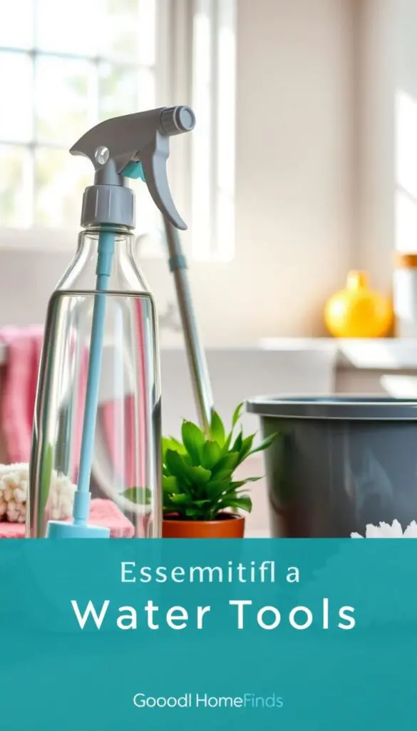 A visually appealing layout of essential water tools for cleaning, featuring a sleek, modern spray bottle, a sturdy sponge, and an eco-friendly scrub brush positioned prominently in the foreground. The middle ground includes a shiny mop and bucket, with a small potted plant adding a touch of greenery. In the background, a bright kitchen sink with sunlight streaming through a window creates an inviting and warm atmosphere. The composition should evoke a sense of cleanliness and efficiency, showcasing the tools in use with soft, diffused lighting to enhance their colors and textures. The scene reflects the brand aesthetic of "GoodHomeFinds", merging functionality with style in a realistic, Pinterest-style lifestyle photo.