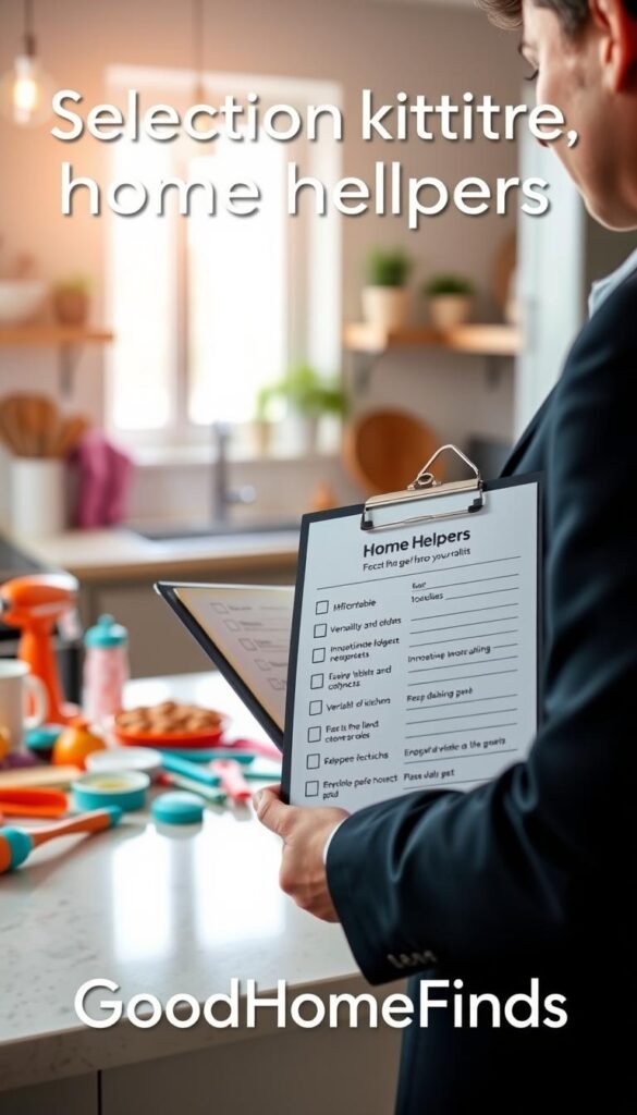 A visually appealing lifestyle photo showcasing the selection criteria for affordable home helpers. In the foreground, a person in professional business attire is reviewing a checklist on a clipboard, emphasizing qualities like affordability, versatility, and ease of use. The middle ground features various vibrant home and kitchen helpers neatly arranged, including innovative gadgets and tools that enhance daily tasks. In the background, a well-lit, modern kitchen creates a warm and inviting atmosphere, with soft natural light pouring in through a window. Use a shallow depth of field to focus on the person and the checklist while gently blurring the helpers, evoking a sense of organization and practicality. Incorporate the brand name "GoodHomeFinds" subtly within the kitchen decor without overt branding. A visually appealing lifestyle photo showcasing the selection criteria for affordable home helpers. In the foreground, a person in professional business attire is reviewing a checklist on a clipboard, emphasizing qualities like affordability, versatility, and ease of use. The middle ground features various vibrant home and kitchen helpers neatly arranged, including innovative gadgets and tools that enhance daily tasks. In the background, a well-lit, modern kitchen creates a warm and inviting atmosphere, with soft natural light pouring in through a window. Use a shallow depth of field to focus on the person and the checklist while gently blurring the helpers, evoking a sense of organization and practicality. Incorporate the brand name "GoodHomeFinds" subtly within the kitchen decor without overt branding.