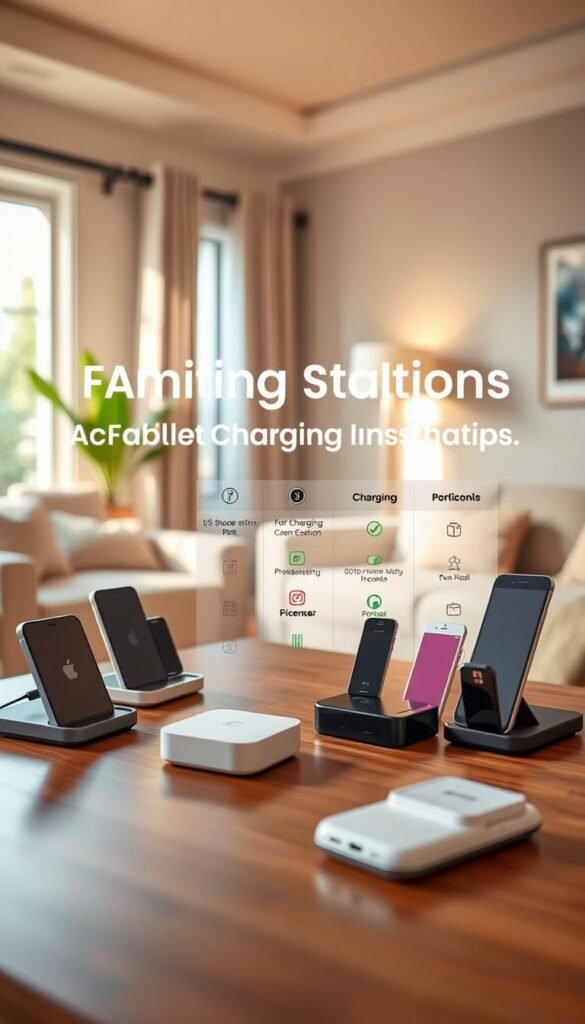 A visually appealing product comparison table showcasing family charging stations from various brands, with a focus on "GoodHomeFinds." In the foreground, display several sleek charging stations arranged neatly, each featuring unique designs, colors, and functionalities. The middle layer should contain small icons or symbols representing their key features, such as number of ports, charging speed, and compatibility. In the background, create a soft-focus home environment with a cozy living room setting, illuminated by warm, natural light streaming through a window, enhancing the welcoming atmosphere. Use a slightly angled perspective to provide depth, while ensuring a clean, organized presentation without any distractions. The overall mood should evoke a sense of practicality and family-friendly convenience.