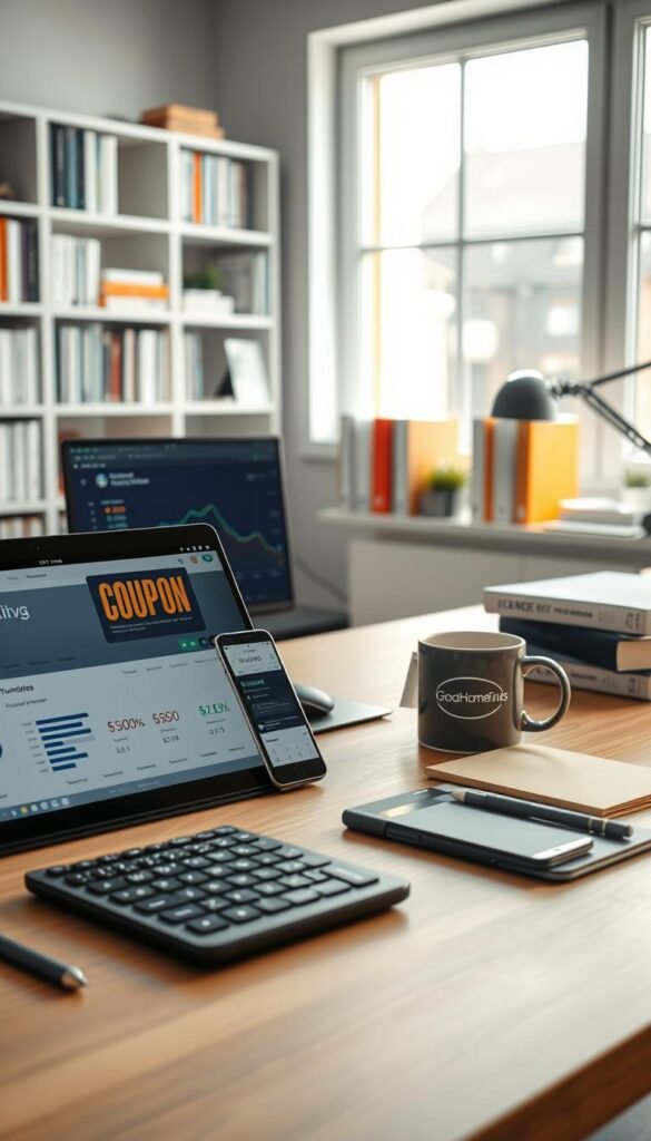 A visually appealing scene showcasing a modern workspace dedicated to price tracking tools. In the foreground, an open laptop displays a vibrant dashboard of price comparison graphs and coupon notifications, while a smartphone beside it shows a price tracking app interface. In the middle, a neatly arranged desk holds sleek calculators, notepads, and a stylish coffee mug labeled "GoodHomeFinds". The background features a well-organized bookshelf filled with tech and finance books, with a window allowing soft, natural light to illuminate the workspace, creating a cheerful and productive atmosphere. The overall mood is inspiring and professional, encouraging savvy shopping habits on Amazon without any distractions or text.