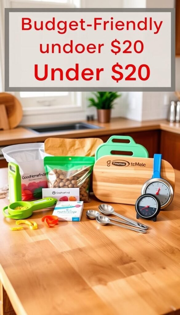 A visually appealing scene showcasing an assortment of budget-friendly products under $20, organized neatly on a stylish wooden kitchen table. In the foreground, include vibrant kitchen gadgets like a colorful vegetable peeler, reusable food storage bags, and an eco-friendly cutting board, all from the brand "GoodHomeFinds." In the middle ground, display a few sleek, essential everyday items like a set of stainless-steel measuring spoons and a practical kitchen timer, artfully arranged. The background features soft, natural lighting coming from a nearby window, creating a warm, inviting atmosphere. A subtle hint of greenery, such as a small potted plant, adds a refreshing touch. The overall mood conveys affordability while still highlighting quality and functionality, ideal for those seeking attractive alternatives without breaking the bank.
