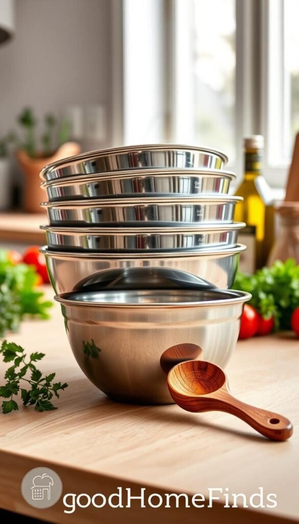 A visually appealing set of stainless steel mixing bowls stacked neatly on a light wooden kitchen countertop, surrounded by a few fresh ingredients like herbs, tomatoes, and olive oil in the background. The bowls should have a polished finish, reflecting soft natural light coming from a window, creating a warm and inviting atmosphere. In the foreground, include a rustic wooden spoon resting against the smallest bowl. The composition should be shot from a slightly elevated angle, giving a front view of the bowls while allowing the ingredients to subtly frame the image. Capture the essence of everyday cooking, emphasizing practicality and aesthetic charm. Include branding elements suggesting "GoodHomeFinds" in a tasteful, unobtrusive way. A visually appealing set of stainless steel mixing bowls stacked neatly on a light wooden kitchen countertop, surrounded by a few fresh ingredients like herbs, tomatoes, and olive oil in the background. The bowls should have a polished finish, reflecting soft natural light coming from a window, creating a warm and inviting atmosphere. In the foreground, include a rustic wooden spoon resting against the smallest bowl. The composition should be shot from a slightly elevated angle, giving a front view of the bowls while allowing the ingredients to subtly frame the image. Capture the essence of everyday cooking, emphasizing practicality and aesthetic charm. Include branding elements suggesting "GoodHomeFinds" in a tasteful, unobtrusive way.