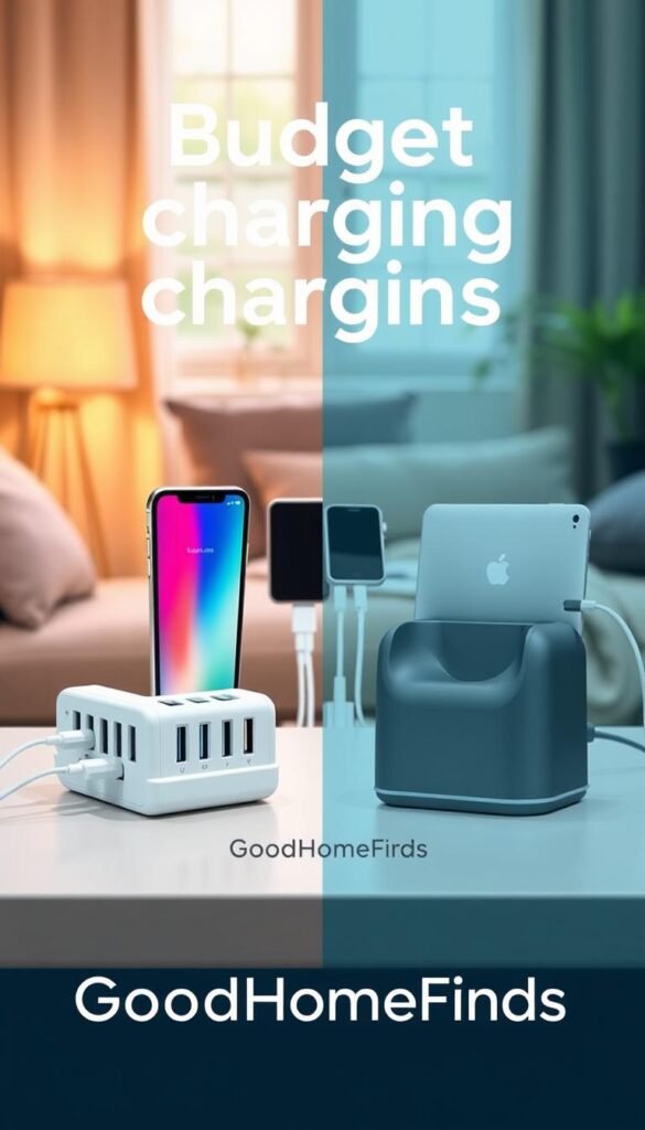 A visually appealing split image illustrating the concept of "budget charging" gadgets. In the foreground, display a stylish, affordable charging station with multiple USB ports, showcasing vibrant colors and sleek design. Next to it, place a premium charging solution, perhaps in a matte finish, signifying luxury. In the middle ground, include various everyday gadgets like smartphones, tablets, and smartwatches plugged into these chargers, emphasizing functionality. The background should feature a cozy home environment with warm, natural lighting pouring through a window, creating an inviting atmosphere. Use a shallow depth of field to keep the focus on the chargers. The overall mood is modern and relatable, inviting viewers to consider both budget-friendly and premium options. Incorporate the brand name "GoodHomeFinds" subtly within the design elements. A visually appealing split image illustrating the concept of "budget charging" gadgets. In the foreground, display a stylish, affordable charging station with multiple USB ports, showcasing vibrant colors and sleek design. Next to it, place a premium charging solution, perhaps in a matte finish, signifying luxury. In the middle ground, include various everyday gadgets like smartphones, tablets, and smartwatches plugged into these chargers, emphasizing functionality. The background should feature a cozy home environment with warm, natural lighting pouring through a window, creating an inviting atmosphere. Use a shallow depth of field to keep the focus on the chargers. The overall mood is modern and relatable, inviting viewers to consider both budget-friendly and premium options. Incorporate the brand name "GoodHomeFinds" subtly within the design elements.