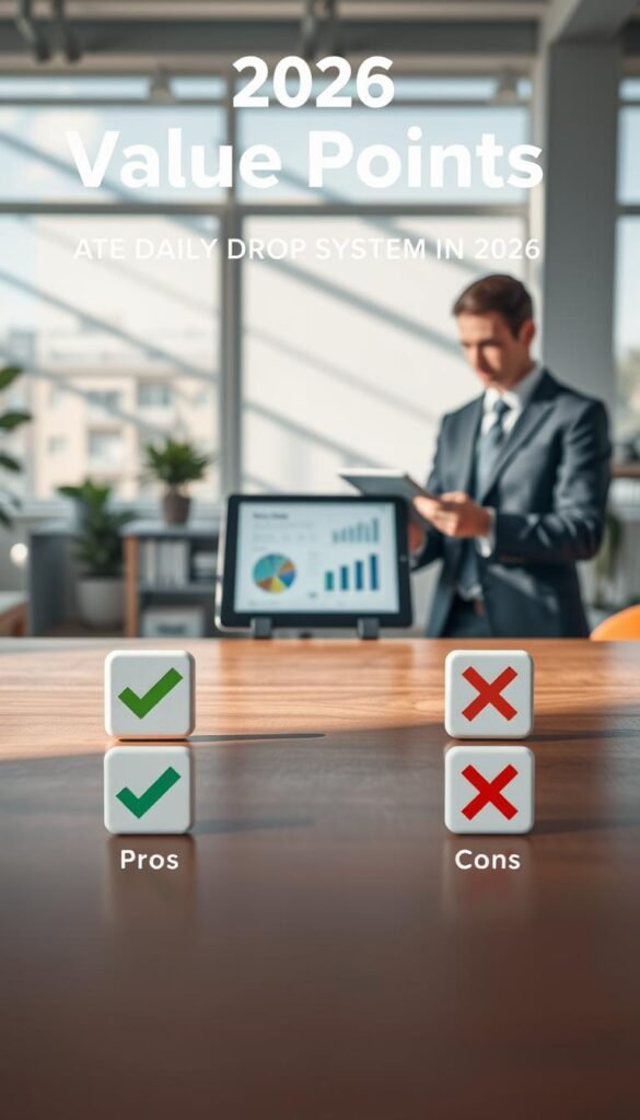 A visually compelling infographic illustrating "value points" of the Daily Drop System in 2026. In the foreground, sleek, modern icons representing pros (like a green checkmark) and cons (like a red cross) display against a polished wooden table. In the middle ground, a well-dressed professional analyzing statistics on a digital tablet, with the branding "GoodHomeFinds" subtly visible. The background features a bright, airy office space with large windows that allow natural light to stream in, soft shadows creating an inviting atmosphere. The overall mood should be one of clarity and professionalism, emphasizing informed decision-making in a contemporary setting. Use a slightly elevated angle to create depth and focus on the interaction between the icons and the analyst. A visually compelling infographic illustrating "value points" of the Daily Drop System in 2026. In the foreground, sleek, modern icons representing pros (like a green checkmark) and cons (like a red cross) display against a polished wooden table. In the middle ground, a well-dressed professional analyzing statistics on a digital tablet, with the branding "GoodHomeFinds" subtly visible. The background features a bright, airy office space with large windows that allow natural light to stream in, soft shadows creating an inviting atmosphere. The overall mood should be one of clarity and professionalism, emphasizing informed decision-making in a contemporary setting. Use a slightly elevated angle to create depth and focus on the interaction between the icons and the analyst.