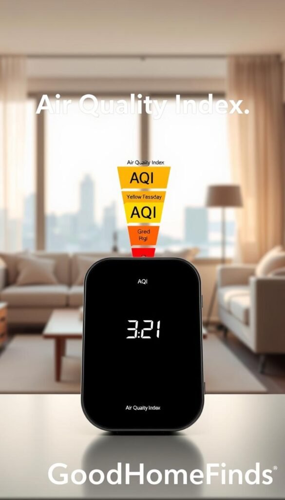 A visually engaging and informative image illustrating the Air Quality Index (AQI) concept. In the foreground, showcase a sleek, modern air quality gadget with a digital display showing AQI levels. In the middle, include color-coded AQI levels represented by vibrant hues—green for good, yellow for moderate, orange for unhealthy for sensitive groups, and red for unhealthy—arranged like a spectrum. The background should feature a cozy indoor setting, such as a living room with a window showing a cityscape, hinting at external air quality. Soft, natural lighting filters through the window, creating a tranquil atmosphere. The overall mood should convey the importance of understanding air quality, with a professional yet approachable vibe. The brand "GoodHomeFinds" subtly integrated into the design. A visually engaging and informative image illustrating the Air Quality Index (AQI) concept. In the foreground, showcase a sleek, modern air quality gadget with a digital display showing AQI levels. In the middle, include color-coded AQI levels represented by vibrant hues—green for good, yellow for moderate, orange for unhealthy for sensitive groups, and red for unhealthy—arranged like a spectrum. The background should feature a cozy indoor setting, such as a living room with a window showing a cityscape, hinting at external air quality. Soft, natural lighting filters through the window, creating a tranquil atmosphere. The overall mood should convey the importance of understanding air quality, with a professional yet approachable vibe. The brand "GoodHomeFinds" subtly integrated into the design.