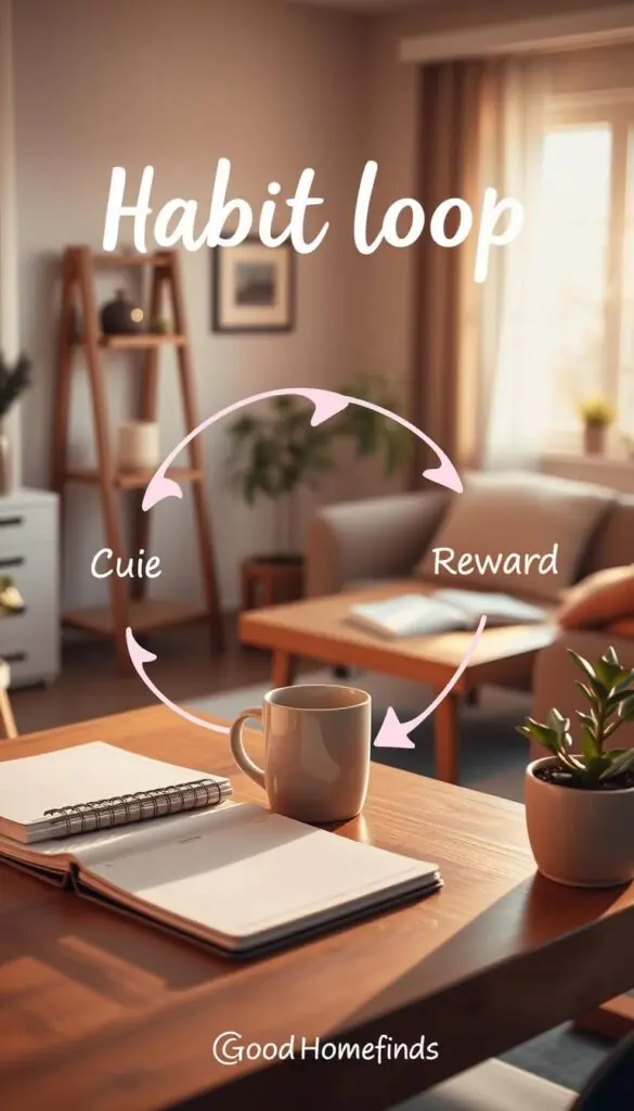 A visually engaging illustration of a "habit loop," depicting the cycle of cue, routine, and reward in a cozy home environment. In the foreground, a stylish home workspace features a planner, a coffee mug, and a potted plant, inviting a sense of calm and productivity. In the middle, a flowing infographic-style overlay graphically represents the habit loop, using soft pastel colors and subtle curves to connect the elements. In the background, a well-lit living room scene with warm, natural light streaming through a window creates an inviting atmosphere. The overall mood is peaceful and motivational, encouraging practical daily routines. This image reflects the essence of GoodHomeFinds and is perfect for a Pinterest-style lifestyle article.