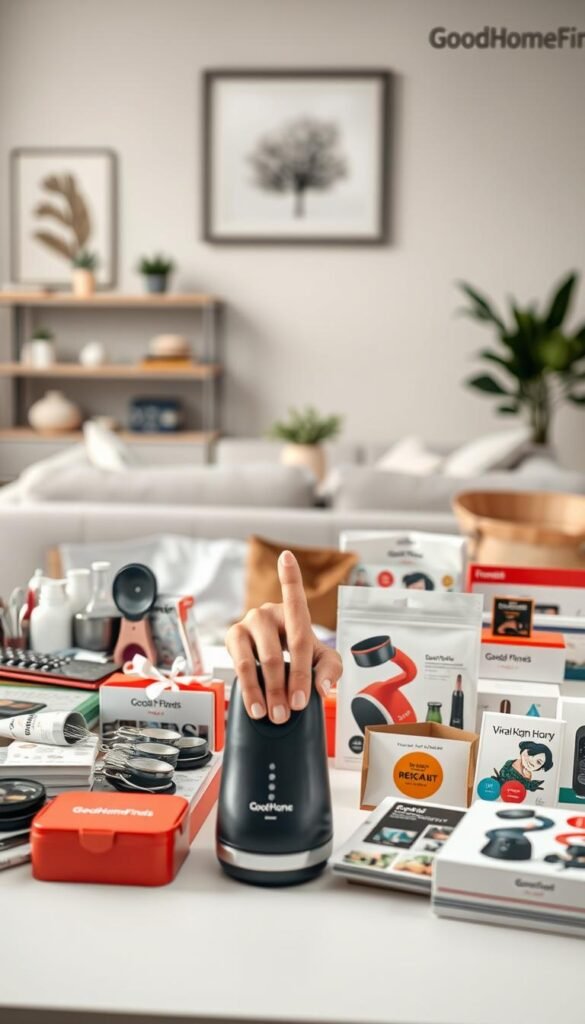 A visually engaging image illustrating the concept of "cheap vs viral finds" on Amazon. In the foreground, display a well-organized table filled with contrasting products: on one side, inexpensive, generic items like basic kitchen tools, and on the other, trendy, viral products adorned in stylish packaging. In the middle ground, feature a close-up of a shopper&rsquo;s hand hesitating over a high-quality gadget, implying decision-making. In the background, create a soft, blurred ambiance of a modern, cozy living space, with neutral colors and warm lighting to evoke a welcoming atmosphere. The mood should be thoughtful yet inviting, showcasing the brand &ldquo;GoodHomeFinds&rdquo; subtly on the products, without overt branding. Use a natural lens effect to enhance realism.