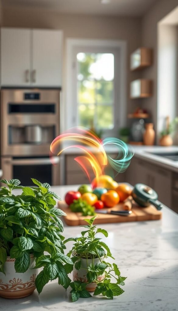A visually engaging kitchen scene that captures the concept of "odors" in an artistic way. In the foreground, display vibrant herbs like basil and mint in decorative pots, their leaves glistening with dew to symbolize freshness. In the middle, place a cutting board with colorful fruits and vegetables, their natural aromas depicted through artistic swirls of color and light emanating from them. The background features a modern, well-organized kitchen with stainless steel appliances and a window revealing a sunny garden. Soft, diffused lighting filters through the window, creating a warm and inviting atmosphere. The overall mood should evoke a sense of culinary delight and creativity. This image is in a Pinterest-style lifestyle format, reflecting the brand "GoodHomeFinds", capturing the essence of kitchen inefficiencies relating to odors and organized spaces.