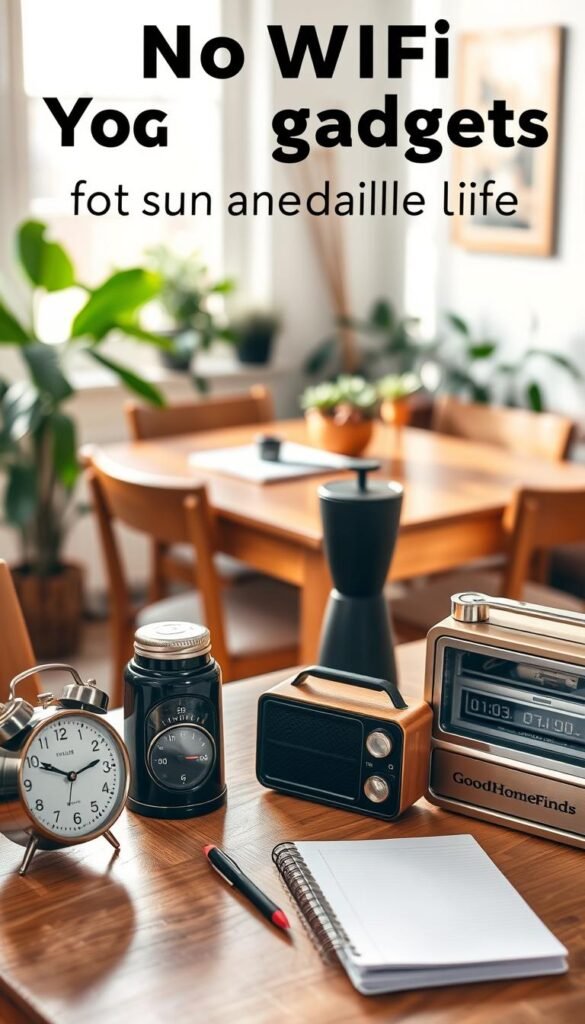 A visually engaging lifestyle image featuring various "no WiFi gadgets" that enhance daily life, styled in an inviting home setting. In the foreground, showcase a range of practical gadgets such as a classic alarm clock, a feature-rich kitchen timer, a sturdy mechanical pencil sharpener, and a beautifully designed manual coffee grinder. In the middle ground, include a cozy dining table set with a notepad and a vintage, sleek radio. The background should feature soft, natural lighting streaming through a window, highlighting houseplants and warm decor, creating a peaceful atmosphere. The overall mood is relaxed and homey, emphasizing the simplicity and functionality of these tech-free tools. Incorporate a subtle branding element visible on the table, showcasing "GoodHomeFinds" in a tasteful manner.