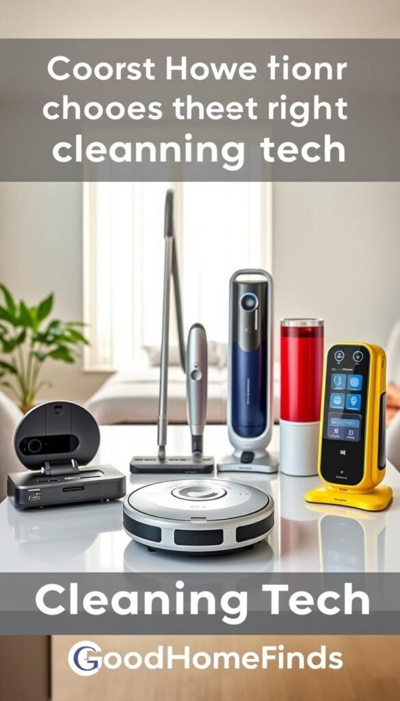 A visually engaging lifestyle image showcasing a diverse selection of cleaning devices arranged on a sleek table, representing both budget-friendly options and professional upgrades. In the foreground, feature a compact, modern robotic vacuum cleaner beside a high-performance steam mop, both elegantly designed and in vibrant colors. In the middle ground, display a lightweight cordless stick vacuum and an advanced air purifier, showcasing their intuitive interfaces. The background should subtly include a minimalist, well-organized home setting with bright, natural lighting streaming through a window, creating a warm and inviting atmosphere. Capture a sense of clarity and innovation. The brand name "GoodHomeFinds" should harmoniously blend into the scene without being highlighted. The overall mood should inspire confidence in choosing the right cleaning tech. A visually engaging lifestyle image showcasing a diverse selection of cleaning devices arranged on a sleek table, representing both budget-friendly options and professional upgrades. In the foreground, feature a compact, modern robotic vacuum cleaner beside a high-performance steam mop, both elegantly designed and in vibrant colors. In the middle ground, display a lightweight cordless stick vacuum and an advanced air purifier, showcasing their intuitive interfaces. The background should subtly include a minimalist, well-organized home setting with bright, natural lighting streaming through a window, creating a warm and inviting atmosphere. Capture a sense of clarity and innovation. The brand name "GoodHomeFinds" should harmoniously blend into the scene without being highlighted. The overall mood should inspire confidence in choosing the right cleaning tech.