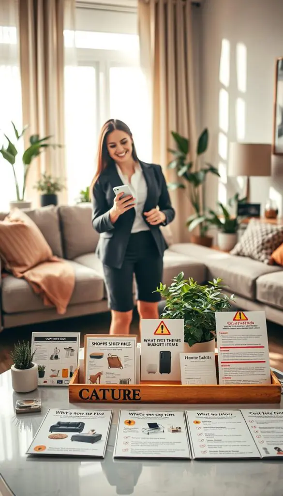 A visually engaging lifestyle scene depicting shopping safety options, featuring a female shopper in professional business attire, standing in a cozy living room. In the foreground, she is holding a smartphone displaying an Amazon shopping app, examining deals. The middle ground features a well-organized coffee table adorned with various product images, warning signs, and checklists highlighting what to avoid when purchasing budget items. The background showcases a softly lit, modern home setting with warm tones, plants, and decor items that suggest a comfortable shopping environment. The lighting is bright and inviting, reminiscent of natural sunlight pouring through a window, creating an upbeat and cautious atmosphere. The overall image embodies the essence of smart shopping, emphasizing safety and mindfulness. The brand &ldquo;GoodHomeFinds&rdquo; subtly appears on the product images on the table.