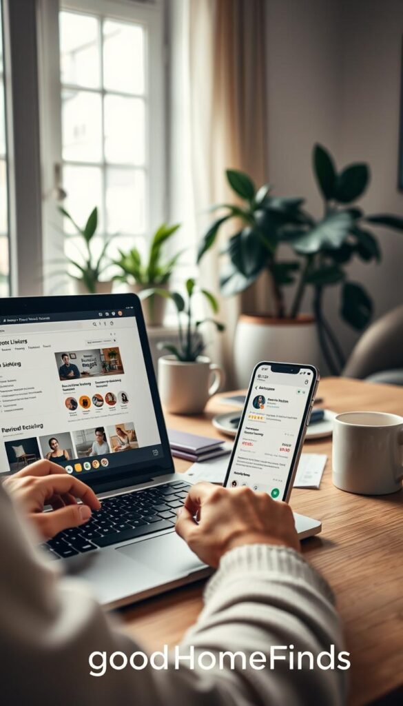 A visually engaging scene depicting a person reviewing an Amazon listing on a laptop in a cozy, well-lit home office. In the foreground, showcase the laptop screen displaying product images and ratings, with a hand hovering over the keyboard, poised to type. The middle layer features an organized desk with notes, a coffee mug, and a smartphone displaying prices and reviews, emphasizing productivity. In the background, soft natural light filters through a window with houseplants, creating a warm and inviting atmosphere. The room is decorated in a modern style with subtle colors, evoking a sense of focus and clarity. Capture the mood of diligence and inspiration, reflecting a practical approach to evaluating Amazon listings. Include branding elements of "GoodHomeFinds" in a subtle manner without text overlays. A visually engaging scene depicting a person reviewing an Amazon listing on a laptop in a cozy, well-lit home office. In the foreground, showcase the laptop screen displaying product images and ratings, with a hand hovering over the keyboard, poised to type. The middle layer features an organized desk with notes, a coffee mug, and a smartphone displaying prices and reviews, emphasizing productivity. In the background, soft natural light filters through a window with houseplants, creating a warm and inviting atmosphere. The room is decorated in a modern style with subtle colors, evoking a sense of focus and clarity. Capture the mood of diligence and inspiration, reflecting a practical approach to evaluating Amazon listings. Include branding elements of "GoodHomeFinds" in a subtle manner without text overlays.