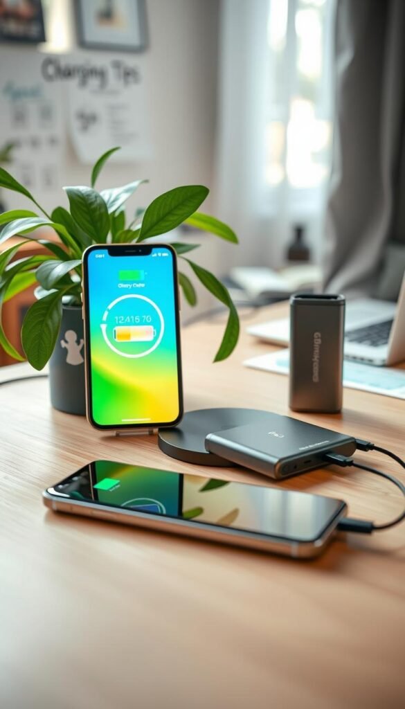 A visually engaging scene highlighting battery health and charging habits. In the foreground, a high-tech smartphone with a vibrant screen displaying battery status, surrounded by a sleek wireless charger and a compact portable power bank, both branded "GoodHomeFinds." The middle ground features an eco-friendly indoor setup with a plant, creating a calming ambiance. The background showcases a soft-lit desk cluttered with notes on charging tips, an open laptop, and a gentle glow from a window, suggesting a morning sun. Natural lighting enhances the inviting atmosphere, while a shallow depth of field keeps the focus on the charging devices. The overall mood is inspirational, emphasizing longevity and smart tech use for improved battery health.
