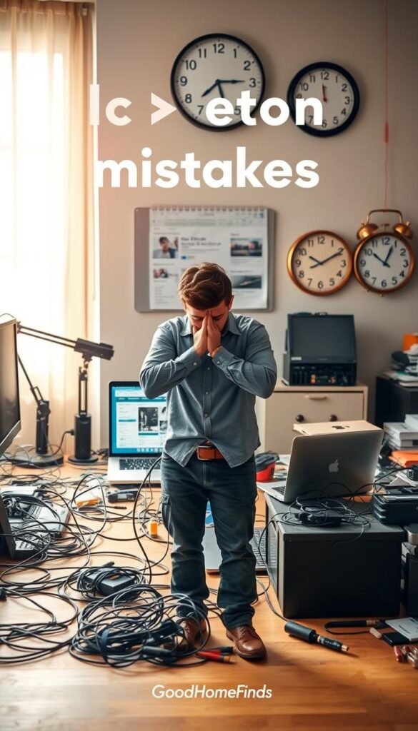 A visually engaging scene illustrating common mistakes in a quick setup environment, focusing on three primary mistakes: tangled cables, misplaced tools, and a cluttered workspace. In the foreground, a frustrated individual in smart-casual attire stands in front of a chaotic desk, surrounded by tangled charging cables and scattered tools. In the middle ground, an open laptop displays a cluttered screen with multiple tabs. In the background, a clock shows time ticking away, emphasizing urgency. Soft, natural lighting filters in from a nearby window, creating a warm, yet slightly chaotic atmosphere. The image captures an organized yet busy workspace vibe, inspired by Pinterest-style aesthetics, under the brand name "GoodHomeFinds". Avoid any text or graphics to maintain focus on the visual message.