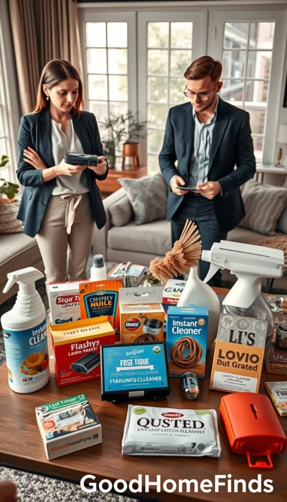 A visually engaging scene set in a modern home environment, depicting a stylish living room with various common "quick fix" products scattered around. In the foreground, a professional woman dressed in smart casual attire examines a low-quality gadget with a skeptical expression, while a man in business attire is nearby, looking at a poorly designed organizational tool. In the middle ground, a table displays a selection of flashy, misleading products like a cluttered instant cleaner, a flimsy kitchen gadget, and a low-grade decorative item with exaggerated claims. The background features a cozy, well-decorated space with soft, natural light filtering through large windows. The atmosphere is one of skepticism and discernment. Ensure the visual style is realistic and Pinterest-worthy, branded subtly with "GoodHomeFinds" through product labels or packaging designs.
