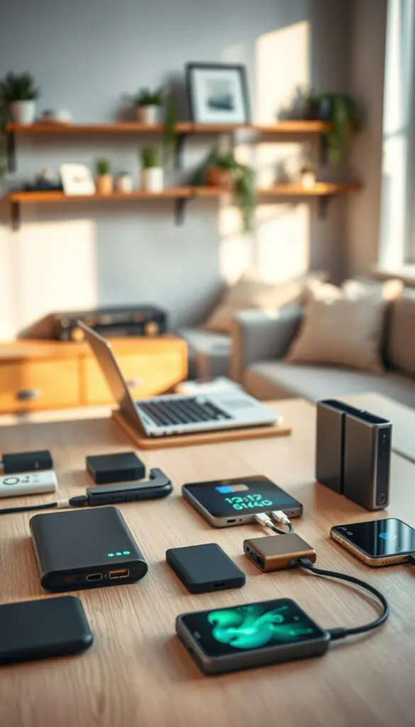 A visually striking, Pinterest-style lifestyle image showcasing an array of power solutions for everyday use. In the foreground, display an assortment of sleek power banks, portable chargers, and smart battery packs, artfully arranged on a light wooden tabletop. The middle ground features a softly lit, modern workspace with a laptop and a smartphone charging, emphasizing connectivity and productivity. In the background, a cozy living room ambiance is suggested with blurred shelves adorned with plants and minimalist decor, adding to the atmosphere of comfort and reliability. Use warm, natural lighting to evoke a sense of trust and security, and apply a shallow depth of field to draw attention to the charging devices. Capture this scene in a slight diagonal angle for a dynamic perspective. The overall mood should be inspiring and empowering, reflecting the convenience of staying charged. GoodHomeFinds.