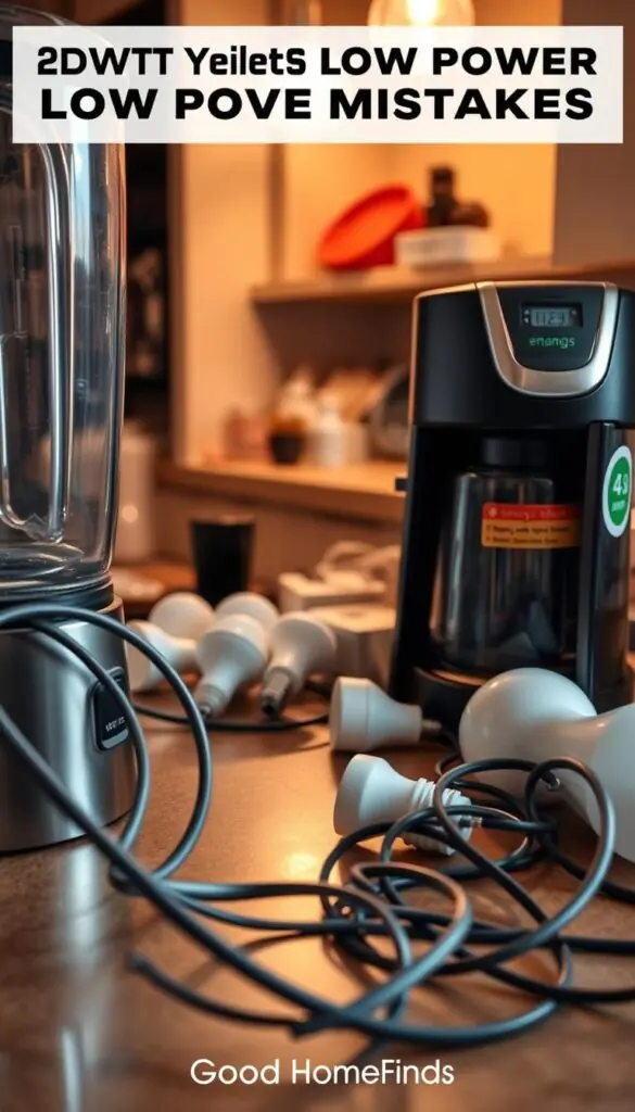 A visually striking Pinterest-style lifestyle image showing a cluttered kitchen counter with various low power gadgets. In the foreground, a close-up of an energy-efficient blender, with a power cord tangled and partially unplugged, reflecting neglect. In the middle ground, a group of different smart home devices, like smart plugs and LED bulbs, scattered and misused, hinting at common mistakes. The background features a dimly lit kitchen with warm lighting, creating a cozy yet chaotic atmosphere. The scene includes a stylish coffee maker with an energy savings reminder sticker, showcasing good practices. This realistic depiction embodies the theme of energy conservation mistakes. Brand name "GoodHomeFinds" subtly integrated into the scene.