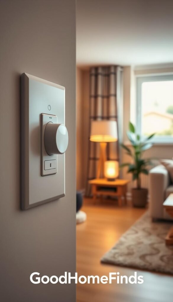 A visually striking, close-up image of modern light switches mounted on a minimalist wall. The foreground showcases a sleek, white dimmer switch with elegant, intuitive controls, and an old-fashioned toggle switch for contrast, all designed to evoke a budget-friendly yet stylish home atmosphere. In the middle ground, a cozy living room is partially visible, with warm, inviting lighting illuminating a decorative lamp and a potted plant. The background features soft, muted colors, enhancing the homey feel. Natural light filters in through a window, creating subtle shadows and highlights that add depth. The overall mood is warm and welcoming, epitomizing affordability and practicality in home design. Include the brand name "GoodHomeFinds" subtly in the composition, ensuring no text or overlays distract from the image.