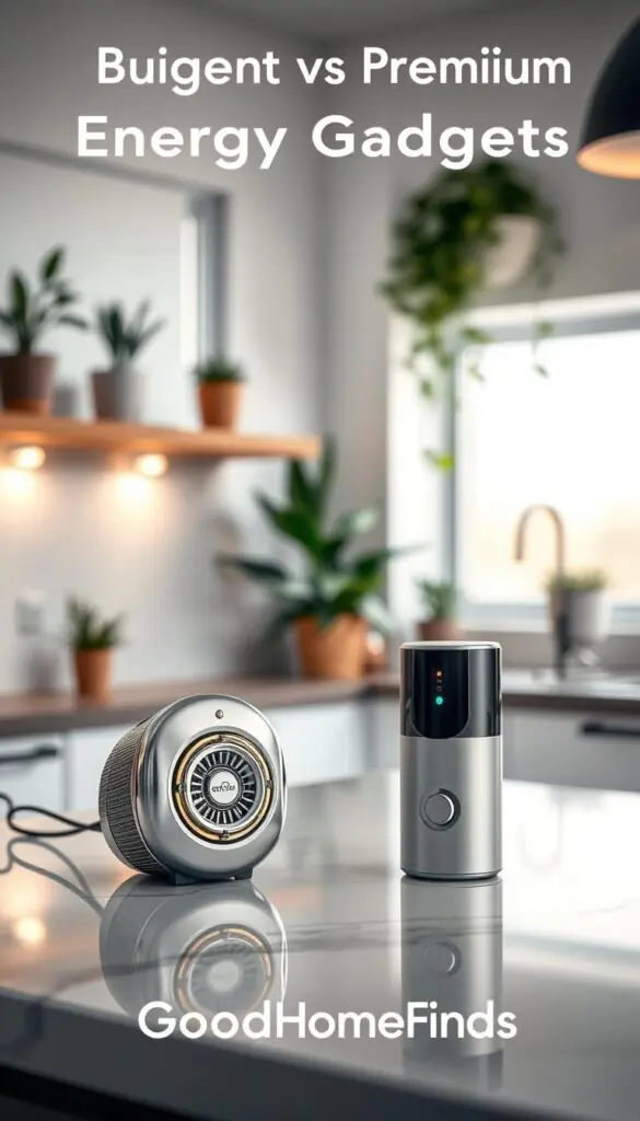 A visually striking comparison between budget and premium energy gadgets displayed in a modern setting. In the foreground, a sleek, high-end energy gadget with a polished finish and intricate features, set beside a simple, functional budget model made of basic materials. The middle features a stylish countertop adorned with subtle, ambient lighting to highlight both gadgets, creating an engaging contrast. In the background, a soft-focus, contemporary kitchen or workspace adds depth, filled with plants and natural light filtering through a window, invoking a welcoming atmosphere. The focus is on practicality and aesthetic appeal, guiding viewers to consider their options thoughtfully. The branding "GoodHomeFinds" subtly integrated within the scene, ensuring a professional look without any text overlays.