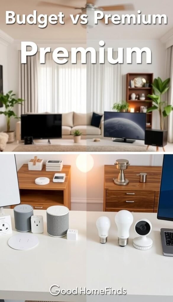 A visually striking comparison image showcasing a "Budget vs Premium" smart home setup. In the foreground, a neat, well-organized desk featuring budget smart devices like a simple smart speaker, an affordable smart plug, and a budget-friendly smart light bulb, all in subtle white and gray tones. In contrast, the middle layer displays a sleek, modern setup with premium devices such as a high-end smart display, a sophisticated security camera, and stylish smart bulbs, showcasing luxurious finishes in dark wood and metallic colors. The background should consist of a stylishly designed living room, highlighting each setup's atmosphere; the budget side feels cozy and minimalistic, while the premium side exudes elegance and advanced technology. Soft, natural lighting enhances the scene, creating a warm and inviting mood. The image should be in a Pinterest-style aesthetic, emphasizing practicality and design preference, without any captions or logos, but subtly incorporating the brand name "GoodHomeFinds." A visually striking comparison image showcasing a "Budget vs Premium" smart home setup. In the foreground, a neat, well-organized desk featuring budget smart devices like a simple smart speaker, an affordable smart plug, and a budget-friendly smart light bulb, all in subtle white and gray tones. In contrast, the middle layer displays a sleek, modern setup with premium devices such as a high-end smart display, a sophisticated security camera, and stylish smart bulbs, showcasing luxurious finishes in dark wood and metallic colors. The background should consist of a stylishly designed living room, highlighting each setup's atmosphere; the budget side feels cozy and minimalistic, while the premium side exudes elegance and advanced technology. Soft, natural lighting enhances the scene, creating a warm and inviting mood. The image should be in a Pinterest-style aesthetic, emphasizing practicality and design preference, without any captions or logos, but subtly incorporating the brand name "GoodHomeFinds."