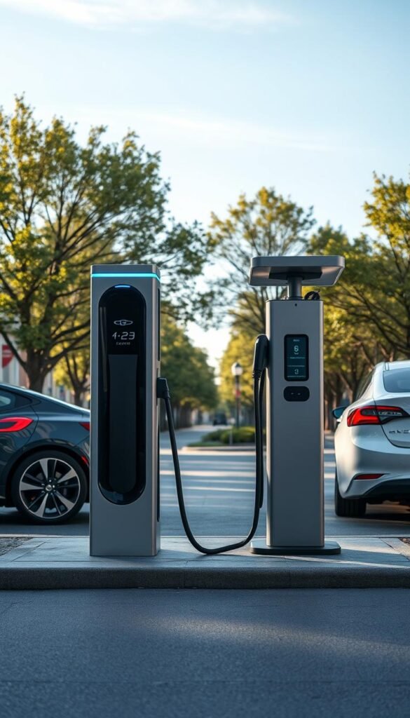 A visually striking comparison of budget and premium electric vehicle charging stations, set in an urban environment. In the foreground, a sleek premium charging station featuring stylish LED lights and a minimalist design, with a luxury electric car plugged in, showcasing a modern aesthetic. In contrast, a more basic charging station is depicted beside it, featuring a simple structure and utilitarian design, with a standard electric vehicle charging. The middle ground should highlight a well-maintained city park with trees and benches, leading the eye towards the charging stations. The background features a blue sky with soft, diffused sunlight, casting gentle shadows. The mood is informative yet engaging, aiming to reflect the advancements in charging technology while emphasizing the choices available to consumers. Focus on a realistic, Pinterest-style lifestyle photo that embodies the brand essence of "GoodHomeFinds". A visually striking comparison of budget and premium electric vehicle charging stations, set in an urban environment. In the foreground, a sleek premium charging station featuring stylish LED lights and a minimalist design, with a luxury electric car plugged in, showcasing a modern aesthetic. In contrast, a more basic charging station is depicted beside it, featuring a simple structure and utilitarian design, with a standard electric vehicle charging. The middle ground should highlight a well-maintained city park with trees and benches, leading the eye towards the charging stations. The background features a blue sky with soft, diffused sunlight, casting gentle shadows. The mood is informative yet engaging, aiming to reflect the advancements in charging technology while emphasizing the choices available to consumers. Focus on a realistic, Pinterest-style lifestyle photo that embodies the brand essence of "GoodHomeFinds".