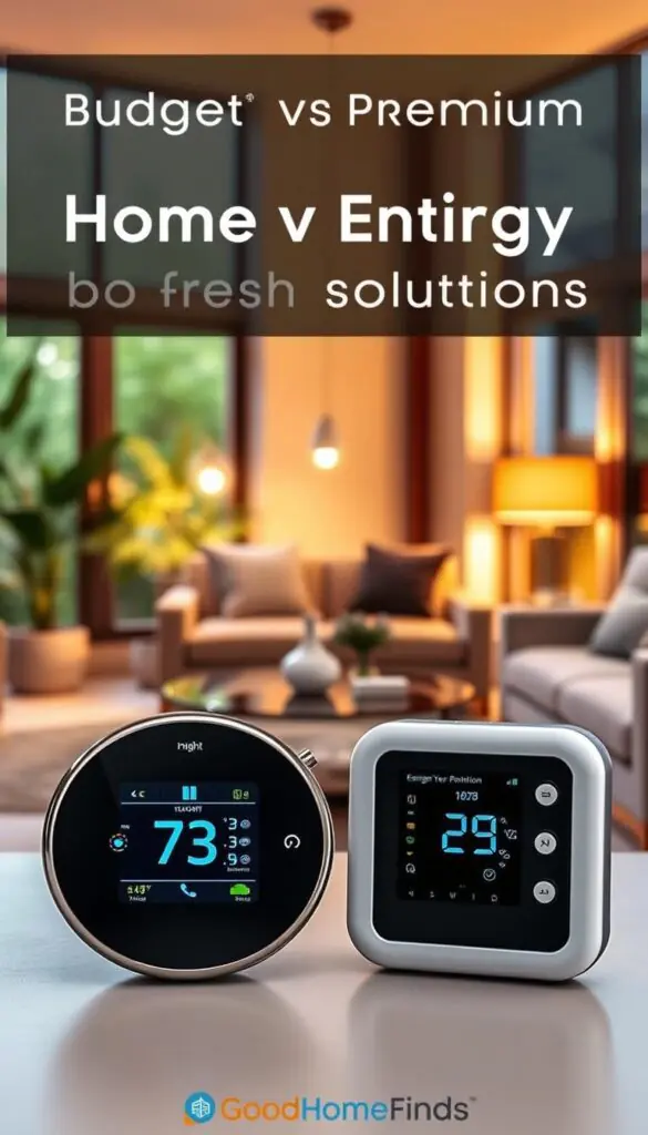 A visually striking comparison of budget versus premium home energy solutions within a modern living space. In the foreground, display two distinct energy gadgets: a sleek, high-end smart thermostat on the left, adorned with a touch screen and chrome accents, and a functional, simple digital thermostat on the right, featuring basic buttons and a plastic casing. In the middle, showcase a stylish living room environment with warm, inviting lighting, emphasizing energy-efficient LED bulbs illuminating the space. The background should feature large windows with natural light streaming in, hinting at an eco-friendly garden outside. The mood should convey a sense of thoughtful decision-making, emphasizing the contrast in value between the two gadgets. The scene should feel fresh, modern, and aspirational, in line with the philosophy of "GoodHomeFinds."