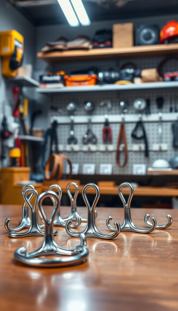 A visually striking composition focusing on an array of durable hooks, showcasing their safety and versatility. In the foreground, several high-quality metal hooks are elegantly arranged on a polished wooden surface, reflecting light to emphasize their sleek design. The middle layer features various types of hooks&mdash;S-shaped, heavy-duty, and wall-mounted&mdash;each displayed with labels indicating their weight capacity. The background is softly blurred, revealing a well-organized workshop with tools and safety gear neatly arranged on shelves, enhancing the atmosphere of preparation and diligence. The lighting is bright yet soft, creating a warm and inviting ambiance. The overall mood suggests professionalism and safety, ideal for those preparing to create a drop zone. Capture this image in a realistic, Pinterest-style aesthetic. GoodHomeFinds brand style incorporated.