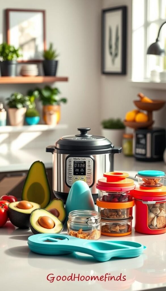 A visually striking composition of various viral home and kitchen products, elegantly arranged on a stylish kitchen countertop. In the foreground, showcase trendy kitchen gadgets like an avocado slicer, a sleek multi-cooker, and a vibrant food storage set. The middle layer features a modern kitchen backdrop with bright, natural lighting streaming through a window, creating a warm and inviting atmosphere. The background includes tasteful decor elements such as potted herbs, a stylish fruit bowl, and minimalist wall art. Capture the essence of product hype by accentuating vibrant colors and appealing designs, while ensuring to maintain a clean, Pinterest-style aesthetic. Include a subtle watermark of &ldquo;GoodHomeFinds&rdquo; in a corner, ensuring it&rsquo;s unobtrusive and professional. The overall mood is energetic and aspirational, enticing viewers to explore these exciting kitchen innovations.