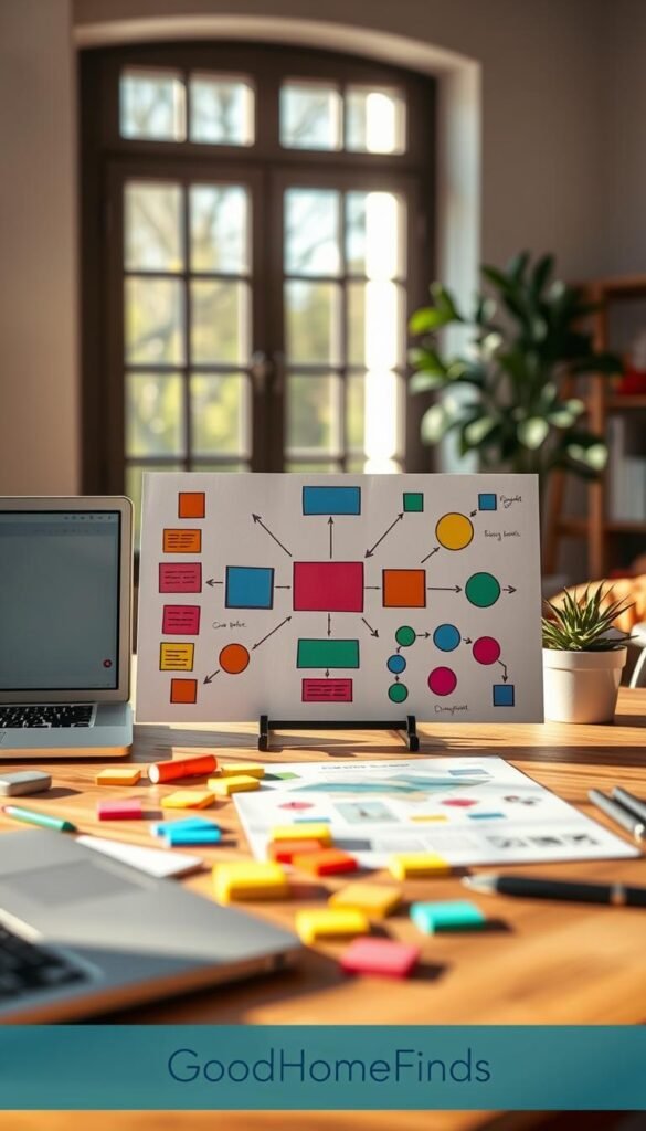 A visually striking graphic organizer displayed on a wooden desk, featuring colorful interconnected shapes and arrows, illustrating concepts of visual organization. In the foreground, a stylish, organized workspace with a modern laptop, scattered color-coded sticky notes, and a potted plant, creating a lively atmosphere. The middle layer consists of the graphic organizer itself with a blend of circles, squares, and lines in various hues, demonstrating a flow of information. In the background, soft natural light streams through a large window, casting gentle shadows and enhancing the warm, inviting mood. The focus is sharp on the organizer, exhibiting clarity and detail, with an emphasis on creativity and structure. The aesthetic aligns with contemporary lifestyle visuals found on platforms like Pinterest, embodying the brand "GoodHomeFinds."
