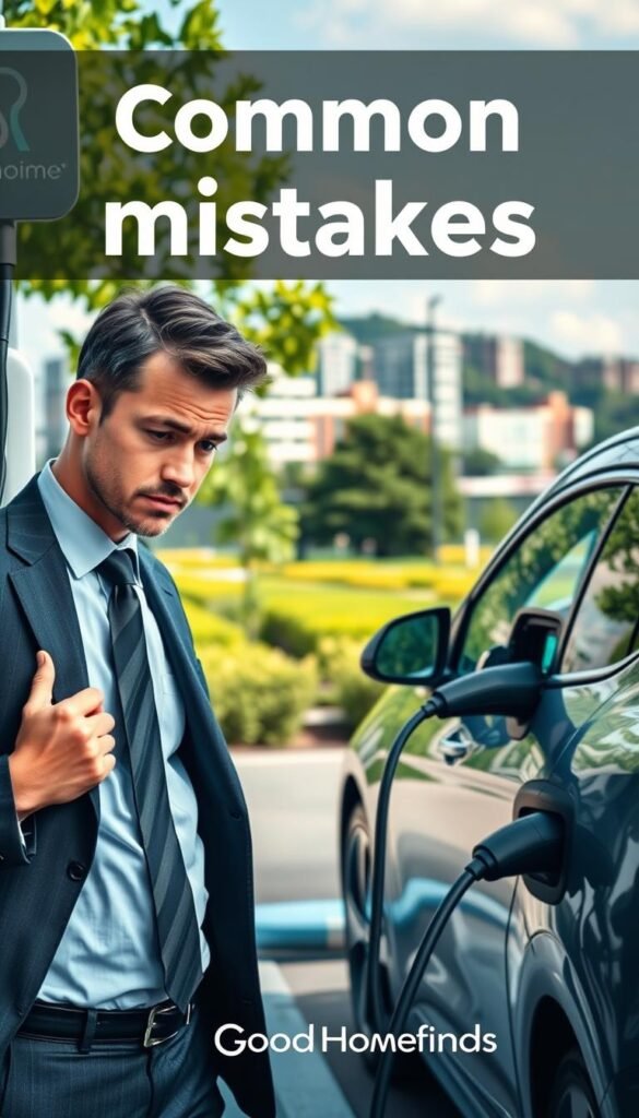 A visually striking image illustrating "common mistakes" at an electric vehicle charging station. In the foreground, a well-dressed professional in business attire is examining a charging station with a puzzled expression, showcasing the confusion often experienced. In the middle ground, a nearby vehicle with a visible charging port reveals the common error of improperly connecting the charger. The background features a scenic urban environment with green spaces, emphasizing a modern, eco-friendly atmosphere. Soft natural lighting enhances the clarity of the scene, while a wide-angle lens captures the setting in an inviting perspective. The overall mood is informative yet approachable, encouraging viewers to recognize and learn from these everyday mistakes. Brand representation includes subtle placements of "GoodHomeFinds" on the charging station and informational signage. A visually striking image illustrating "common mistakes" at an electric vehicle charging station. In the foreground, a well-dressed professional in business attire is examining a charging station with a puzzled expression, showcasing the confusion often experienced. In the middle ground, a nearby vehicle with a visible charging port reveals the common error of improperly connecting the charger. The background features a scenic urban environment with green spaces, emphasizing a modern, eco-friendly atmosphere. Soft natural lighting enhances the clarity of the scene, while a wide-angle lens captures the setting in an inviting perspective. The overall mood is informative yet approachable, encouraging viewers to recognize and learn from these everyday mistakes. Brand representation includes subtle placements of "GoodHomeFinds" on the charging station and informational signage.