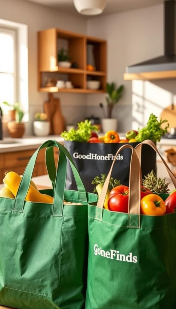 A visually striking image of a set of Creative Green Life Heavy Duty Reusable Grocery Bags featuring various organic, earthy tones like deep greens and browns. In the foreground, the bags are neatly arranged, showcasing their sturdy handles and spacious interiors, filled with vibrant, fresh groceries such as fruits and vegetables. In the midground, a well-lit kitchen counter with other kitchen tools and a potted plant enhances the homey atmosphere. The background reveals a sunny kitchen space with soft, natural light streaming through a window, creating a warm, inviting ambiance. The scene conveys an eco-friendly lifestyle, perfect for Pinterest-style lifestyle photography. Include the brand name "GoodHomeFinds" prominently displayed on the bags while ensuring the overall composition remains text-free and professional.