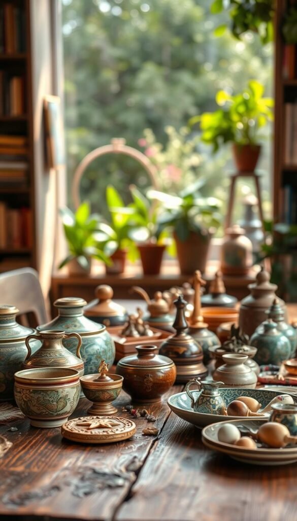 A visually striking image showcasing a collection of hidden gem finds arranged elegantly on a rustic wooden table. In the foreground, display an assortment of unique, beautifully crafted items such as artisan pottery, handwoven textiles, and vintage trinkets, glimmering in natural light. In the middle ground, include a soft-focus glimpse of a greenery backdrop, hinting at a peaceful atmosphere, perhaps with sunlight filtering through leaves. The background should feature hints of cozy décor elements, like potted plants and bookshelves filled with colorful books. The lighting should be warm and inviting, creating an atmosphere of comfort and discovery. Interpret this as a Pinterest-inspired lifestyle photo that resonates with the essence of GoodHomeFinds, emphasizing value and a sense of curated elegance. A visually striking image showcasing a collection of hidden gem finds arranged elegantly on a rustic wooden table. In the foreground, display an assortment of unique, beautifully crafted items such as artisan pottery, handwoven textiles, and vintage trinkets, glimmering in natural light. In the middle ground, include a soft-focus glimpse of a greenery backdrop, hinting at a peaceful atmosphere, perhaps with sunlight filtering through leaves. The background should feature hints of cozy décor elements, like potted plants and bookshelves filled with colorful books. The lighting should be warm and inviting, creating an atmosphere of comfort and discovery. Interpret this as a Pinterest-inspired lifestyle photo that resonates with the essence of GoodHomeFinds, emphasizing value and a sense of curated elegance.