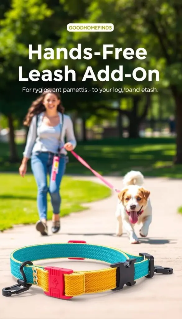 A visually striking image showcasing a hands-free leash add-on for dogs, designed to depict everyday practicality. In the foreground, a well-crafted hands-free leash, featuring a sturdy yet stylish design, vibrant colors, and ergonomic clips for quick attachment to a dog harness. In the middle ground, a cheerful person in casual attire walks a playful dog, happily trotting alongside them, emphasizing the freedom and control the leash provides. The background features a sunny park scene with lush green grass and trees, creating a warm and inviting atmosphere. Soft, natural lighting enhances the colors while a slightly blurred depth of field focuses on the leash and the pair. The brand name "GoodHomeFinds" is subtly incorporated into the scene without overt branding.