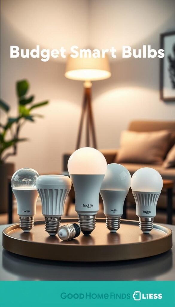 A visually striking image showcasing budget smart bulbs in a cozy, well-lit living room. In the foreground, a modern table features three different types of smart bulbs, each demonstrating a unique design&mdash;some with a classic bulb shape and others with sleek, innovative aesthetics. In the middle ground, a stylish lamp illuminates the scene, casting warm, inviting light that highlights the bulbs&rsquo; features. The background includes a softly decorated wall with a plant and a framed picture, enhancing the homely atmosphere. Capture the mood of affordability and smart living, emphasizing the value of budget options compared to higher-end products. Bright and realistic lighting with a shallow depth of field, shot at eye level. Include elements branded as "GoodHomeFinds".