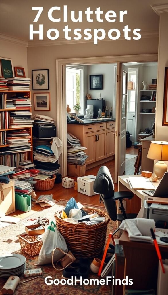 A visually striking image showcasing seven clutter hotspots within a stylish home environment, reminiscent of a Pinterest lifestyle photo. In the foreground, a living room corner cluttered with various items like books, child toys, and an overflowing basket. In the middle, a kitchen countertop with unorganized kitchen gadgets and mail. Another hotspot featuring a disheveled entryway with shoes and bags scattered around. In the background, a home office desk overrun with papers and stationery. The lighting is warm and inviting, with natural sunlight streaming in, creating a cozy atmosphere. Shot with a 35mm lens from an eye-level angle to capture the details effectively, focusing on the aspect of clutter. The overall mood suggests a relatable yet aspirational space, branded subtly with "GoodHomeFinds" in elegant decor. A visually striking image showcasing seven clutter hotspots within a stylish home environment, reminiscent of a Pinterest lifestyle photo. In the foreground, a living room corner cluttered with various items like books, child toys, and an overflowing basket. In the middle, a kitchen countertop with unorganized kitchen gadgets and mail. Another hotspot featuring a disheveled entryway with shoes and bags scattered around. In the background, a home office desk overrun with papers and stationery. The lighting is warm and inviting, with natural sunlight streaming in, creating a cozy atmosphere. Shot with a 35mm lens from an eye-level angle to capture the details effectively, focusing on the aspect of clutter. The overall mood suggests a relatable yet aspirational space, branded subtly with "GoodHomeFinds" in elegant decor.