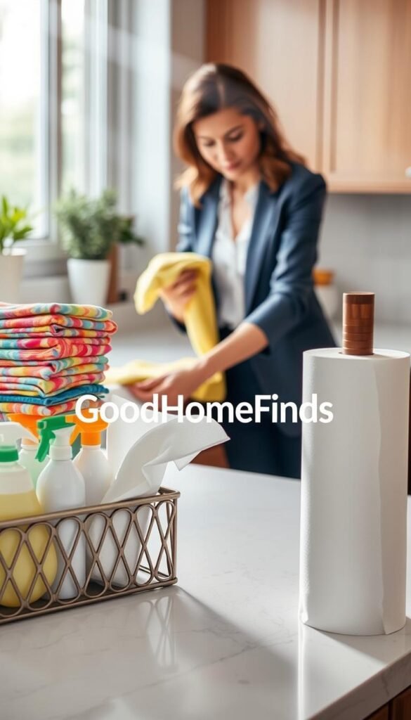 A visually striking lifestyle image of an organized kitchen countertop divided into two sections: on the left, a stack of bright, colorful reusable cloths neatly folded, showcasing their vibrant patterns; on the right, a roll of classic white paper towels, partially unrolled, with a few sheets casually draped out. The foreground features a stylish cleaning caddy holding eco-friendly cleaning products, emphasizing the theme of cleaning finds. In the middle ground, a woman in professional casual attire is actively cleaning a countertop using a reusable cloth, conveying a sense of effort and savings. The background is filled with soft natural light streaming through a window, creating a warm, inviting atmosphere. The brand name "GoodHomeFinds" subtly integrated into the scene. The image should have a Pinterest-style aesthetic, emphasizing practicality and style.