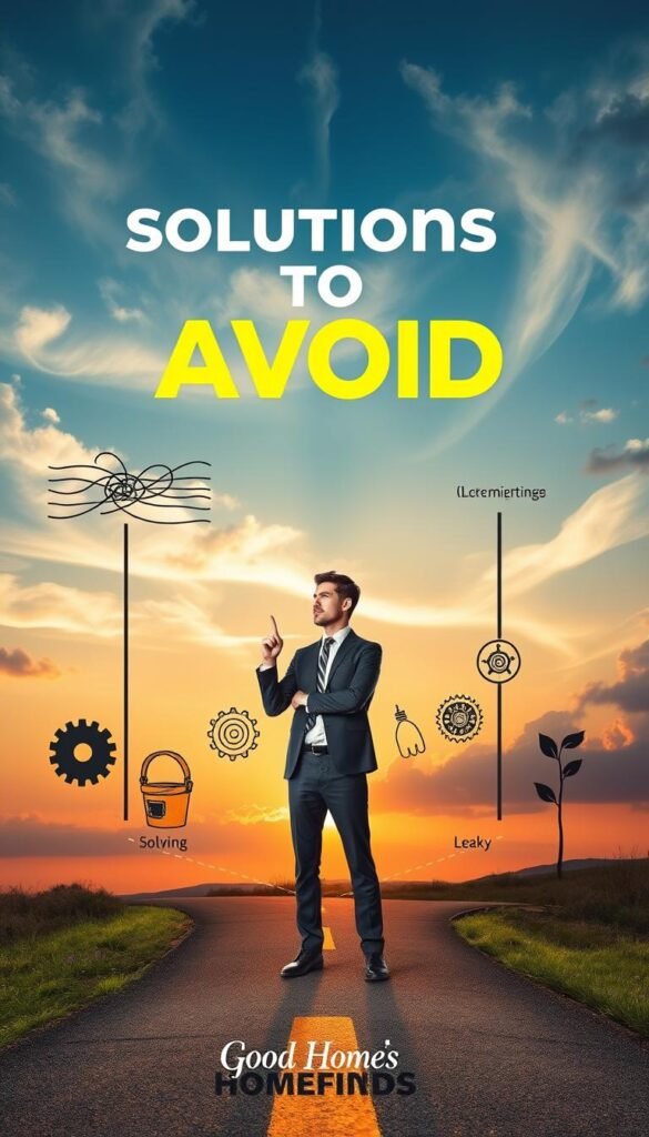 A visually striking representation of "solutions to avoid" depicted through a thoughtful juxtaposition of common problem-solving scenarios. In the foreground, a business professional in smart casual attire stands at a crossroads, looking perplexed while pointing at two diverging paths&mdash;one labeled with chaotic, tangled lines and the other with smooth, clear lines. The middle ground features metaphorical icons symbolizing misguided solutions, such as a broken gear, a leaky bucket, and a wilted plant, all suggesting the consequences of poor choices. In the background, a sunset casts warm hues that evoke a reflective mood, while clouds swirl ominously to represent confusion. The scene captures a nuanced blend of caution and insight, showcasing the essence of avoiding pitfalls in problem-solving. This lifestyle image embodies the brand "GoodHomeFinds", emphasizing clarity and practicality.
