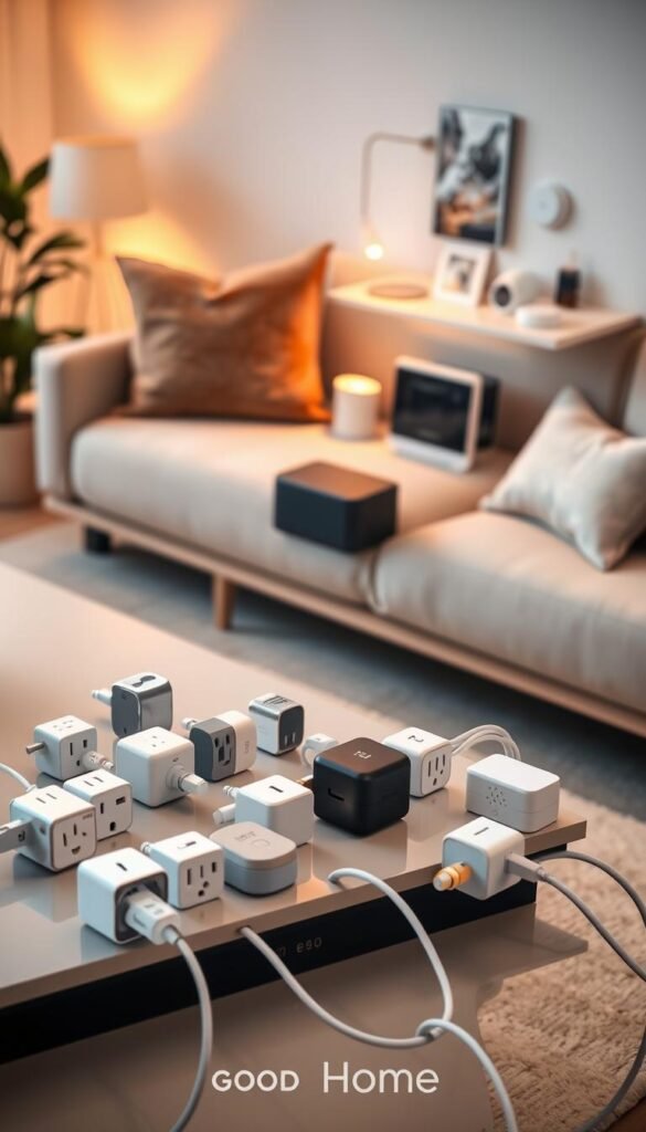 A visually striking scene showcasing a modern living room setup filled with smart home devices, emphasizing the differences between smart plugs and smart hubs. In the foreground, a sleek coffee table features an array of smart plugs in various designs, some plugged into different appliances, highlighting practical applications. The middle ground reveals a stylish smart hub on a shelf, interacting seamlessly with smart lights and thermostats. The background showcases a cozy couch with a calming, inviting color palette, softly lit by warm, ambient lighting. The overall atmosphere is one of innovation and convenience, reflecting a balance between technology and comfort. The brand name "GoodHomeFinds" subtly integrated into the design elements. Shot with a warm lens at a slight angle to create depth and focus on the technology.